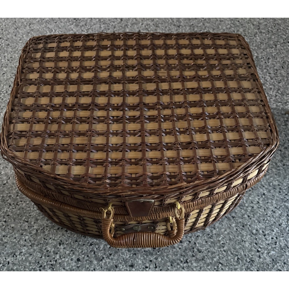 Vintage Wicker Half Moon Complete Picnic Basket Blue PlaidLining Cottage  18"x15